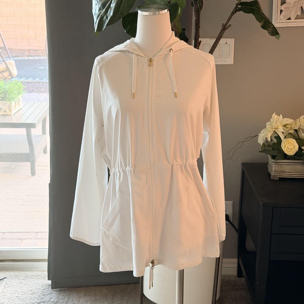 Soma Jacket Womens Medium White Hooded Full Zip Elastic Waist Pockets Softshell